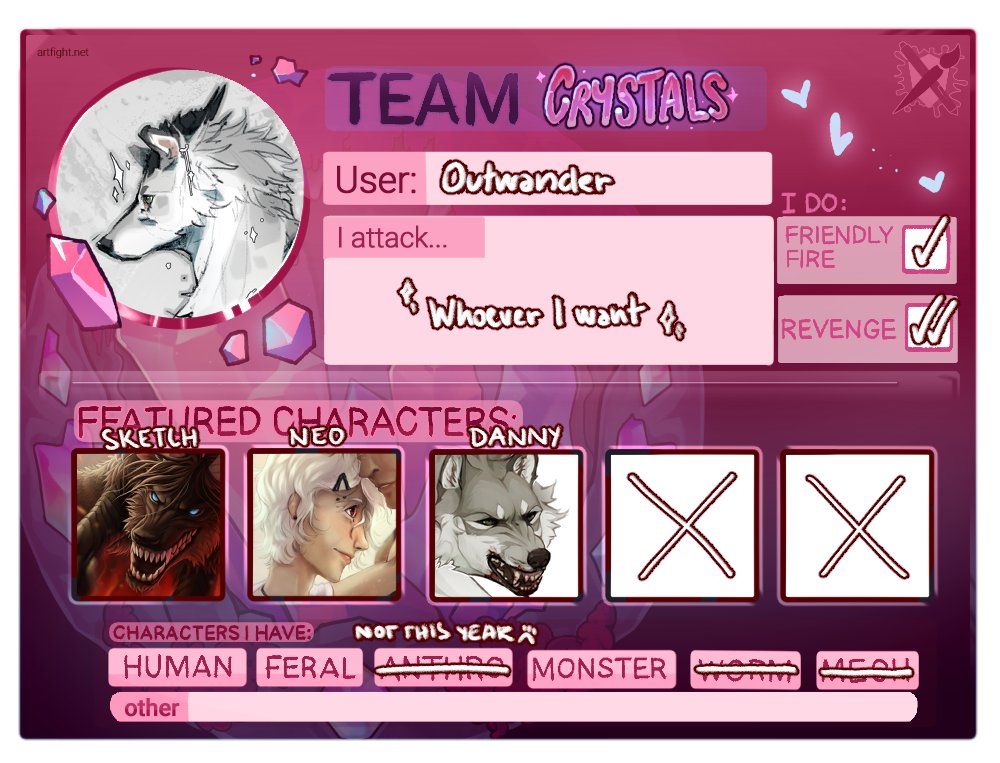 I'll be more active this year! Expect something inbetween commissions! °w°
   ✧ artfight.net/~outwander