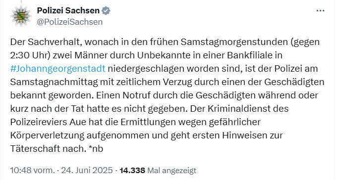 Johanngeorgenstadt: Polizei räumt Asylbewerber-Überfall kleinlaut ein, Mainstreampresse schweigt weiter!

Unglaublich: Erst, nachdem die FREIEN SACHSEN die Videoaufnahmen des brutalen Asylbewerber-Überfalls, der sich in der Nacht auf Samstag in Johanngeorgenstadt