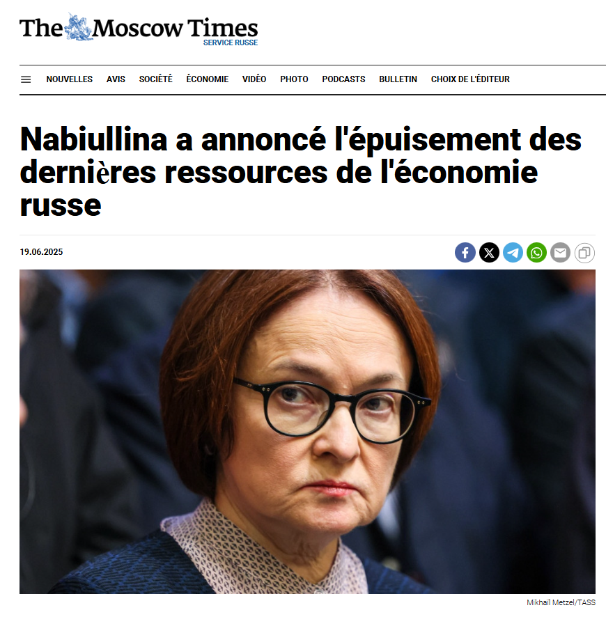 Si c'est elle-même qui le dit.🚨

La présidente de la Banque centrale russe, Elvira #Nabiullina, admet que l'économie russe serait au bout de souffle.

Toutes les ressources essentielles seraient près de l'épuisement !

1/6

(Source traduite by Google) moscowtimes.ru/2025/06/19/nab…