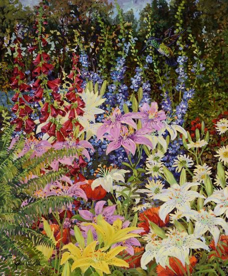 John Powell 
Prolific painter of everything floral. 
There are a few artists with the same name but I’m sure he’s the one who lives in Los Angeles.   He often includes textiles in his work too