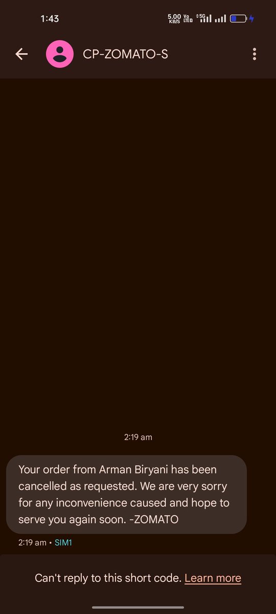 sr_safiur's tweet photo. @zomatocare @zomato yesterday night I order food from that restaurant and later I have been that order and I got sms from on my registration mob no. Your delivery agent calling that your food is ready for delivery. I need immediately support. https://t.co/lmS8pgLYcW