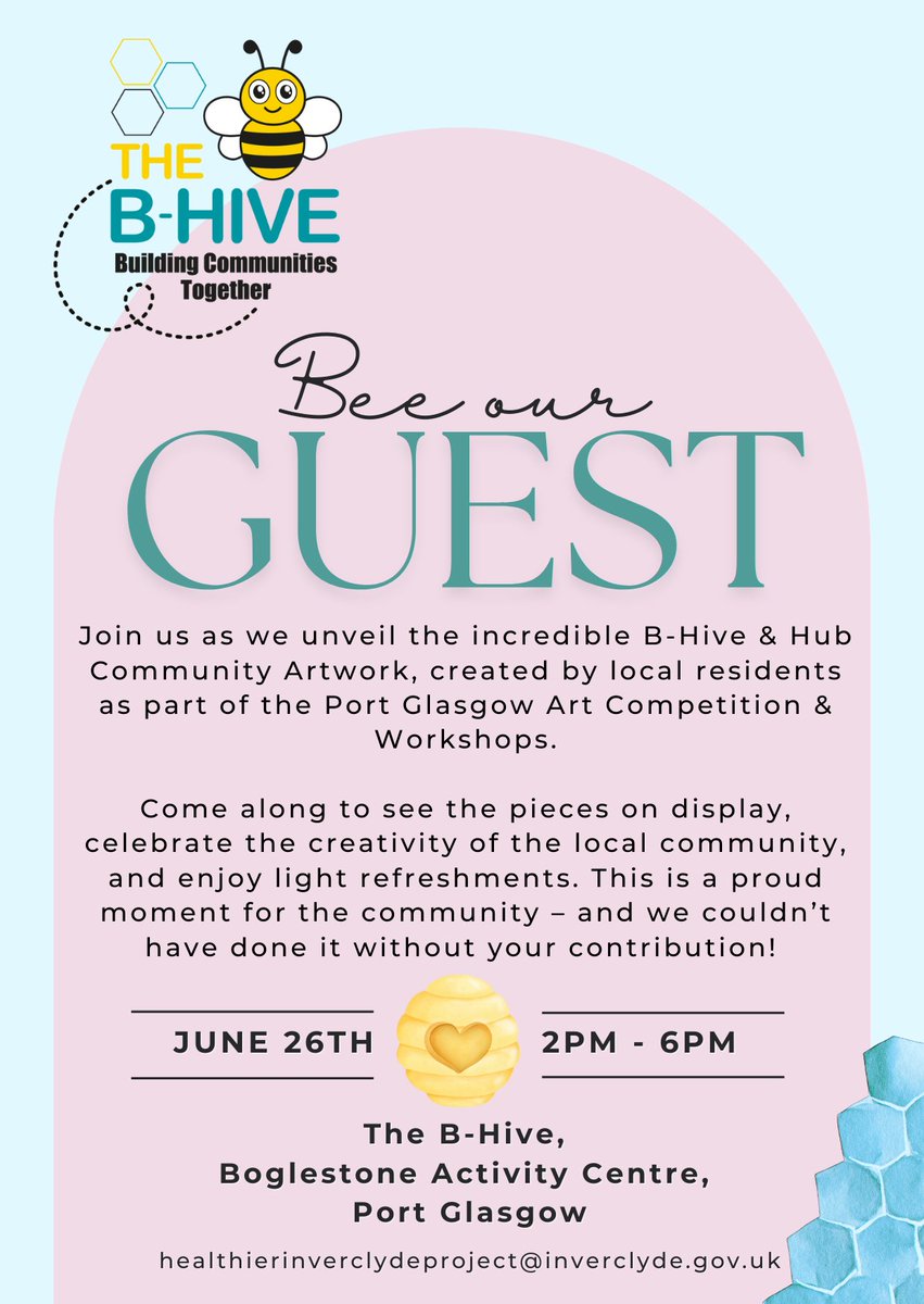 Inverclyde's Community Link Workers (@inverclyde_clw) on Twitter photo The B-Hive, Boglestone Community Centre have an open day this Thursday between 2pm and 6pm. Why not go along to see the amazing artwork on display, celebrate the creativity of our community, and enjoy some light refreshments. All welcome! <a href="/CVSInverclyde/">CVS Inverclyde</a> <a href="/InverclydeHSCP/">Inverclyde HSCP</a> The B-Hive, Boglestone Community Centre have an open day this Thursday between 2pm and 6pm. Why not go along to see the amazing artwork on display, celebrate the creativity of our community, and enjoy some light refreshments. All welcome! <a href="/CVSInverclyde/">CVS Inverclyde</a> <a href="/InverclydeHSCP/">Inverclyde HSCP</a>