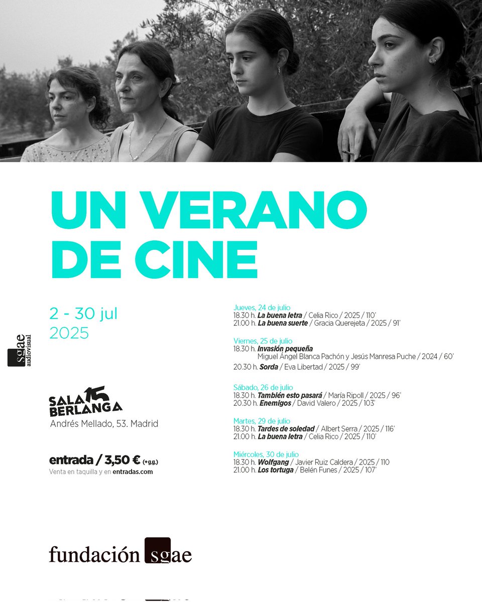 SGAE Audiovisual (@sgaeaudiovisual) on Twitter photo Compra tu 🎟️, coge las🍿, ponte cómoda/o en la 💺y disfruta fresquita/o en <a href="/LASALABERLANGA/">SALA BERLANGA</a> con su ciclo Un 🏝️verano de 🎞️cine. 1⃣0⃣películas españolas imprescindibles del último año.
<a href="/escribeleacelia/">Celia Rico</a> <a href="/BelenFunes/">Belen Funes</a> <a href="/sietemesas/">Gracia Querejeta</a>
<a href="/meriripoll/">Maria Ripoll</a> @gerardoms Compra tu 🎟️, coge las🍿, ponte cómoda/o en la 💺y disfruta fresquita/o en <a href="/LASALABERLANGA/">SALA BERLANGA</a> con su ciclo Un 🏝️verano de 🎞️cine. 1⃣0⃣películas españolas imprescindibles del último año.
<a href="/escribeleacelia/">Celia Rico</a> <a href="/BelenFunes/">Belen Funes</a> <a href="/sietemesas/">Gracia Querejeta</a>
<a href="/meriripoll/">Maria Ripoll</a> @gerardoms