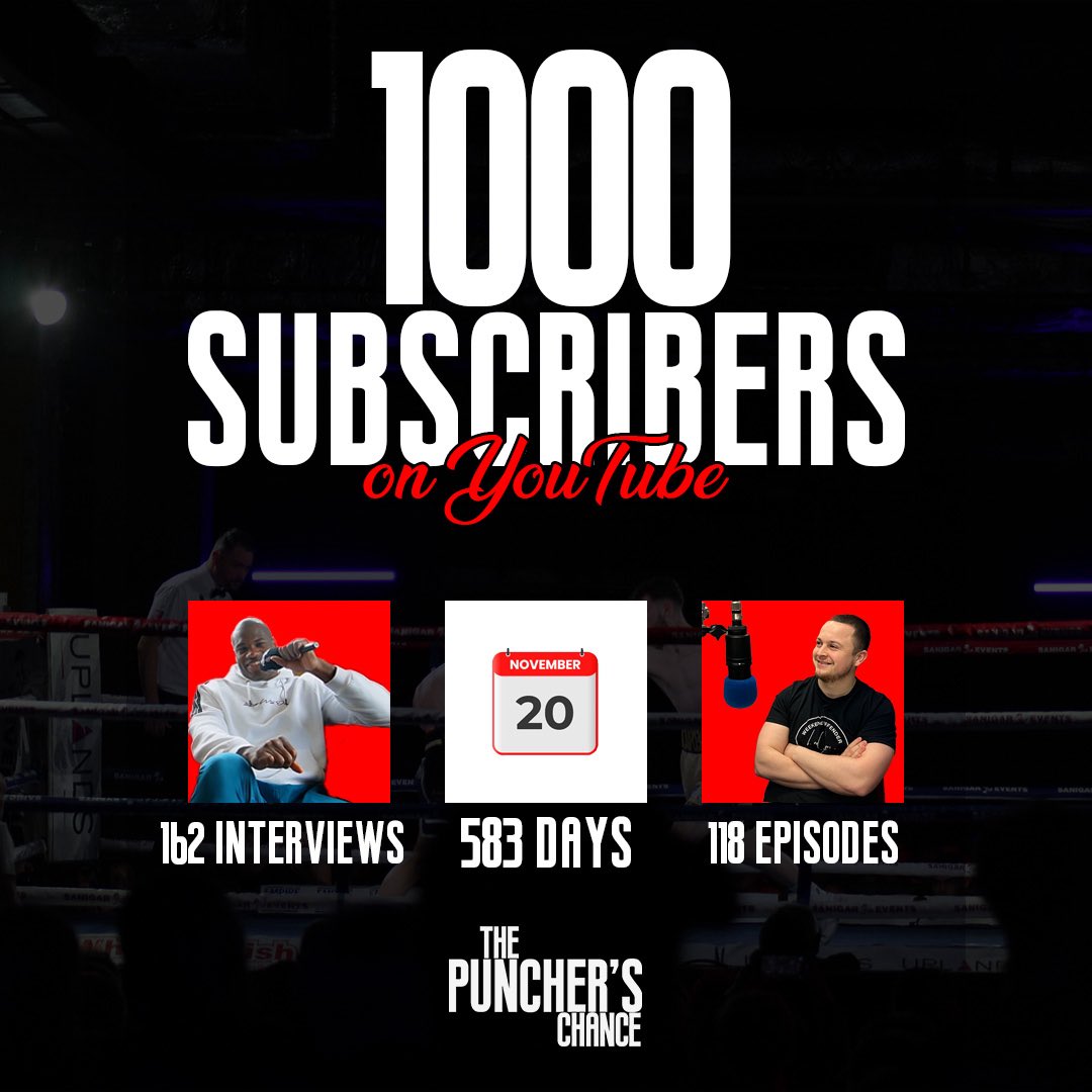 ThePunchersPod's tweet image. 1000 SUBSCRIBERS ON YOUTUBE 🔥
We are proud to announce we have just hit 1k Subscribers on YouTube.
A really proud milestone to hit and we would like to thank all of the interviewees, podcast guests and friends that helped us get here 🤝
Here's to 1000 more 🔜