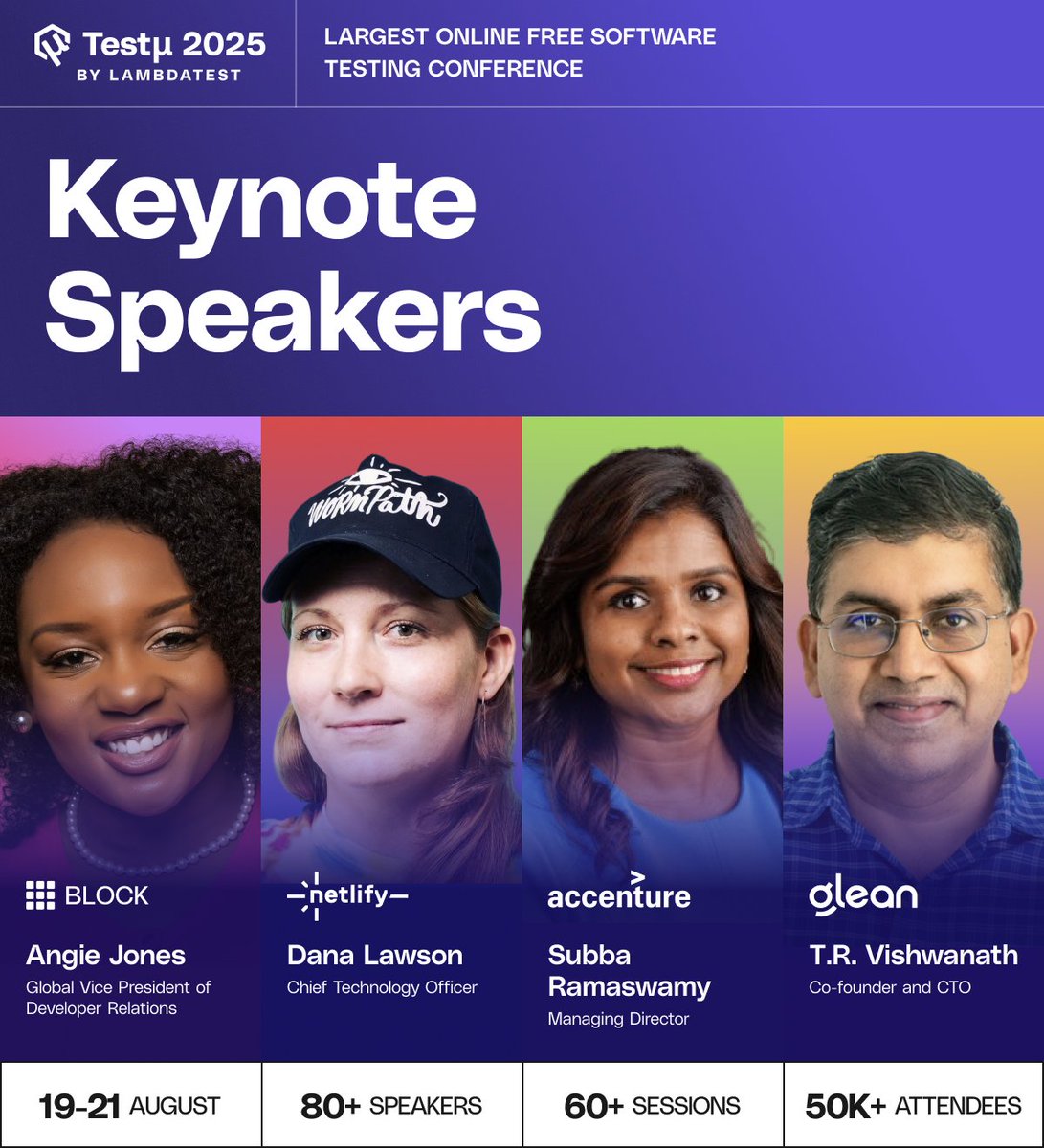 asad0801's tweet image. Quality Engineering professionals - this is the keynote lineup you don’t want to miss.
 🔥 TestMu 2025 is shaping up to be the biggest and boldest virtual testing conference ever.
🎤 3 days.
 💡 All things AI in testing.
 🙌 Over 100,000 professionals signing up.
 🚀 Deep dives,…