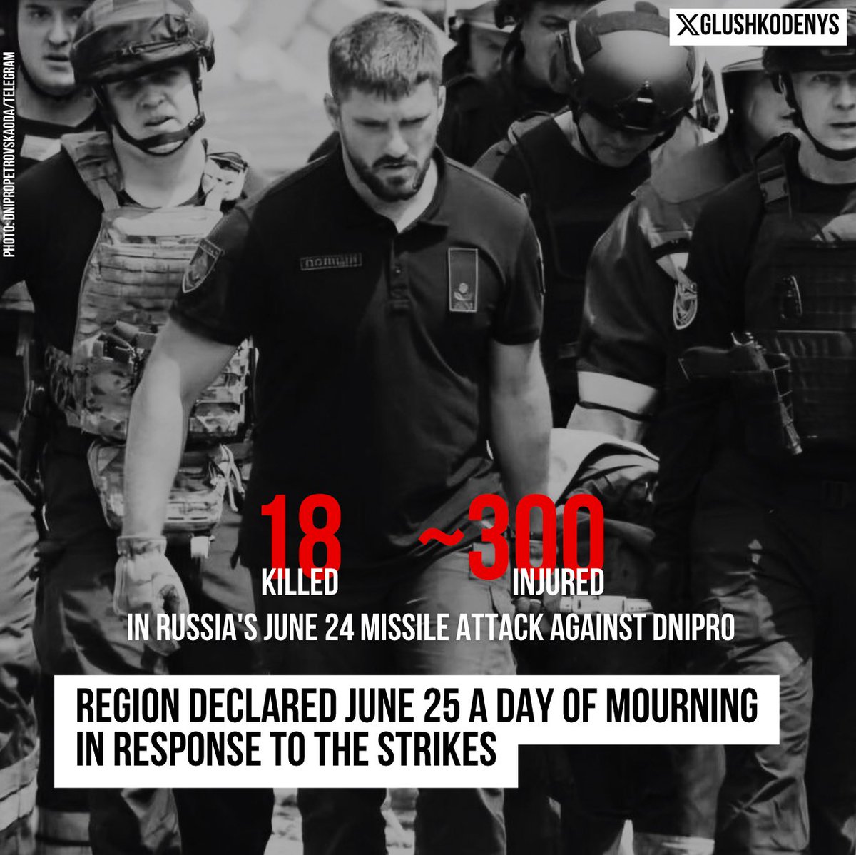 🕯 18 killed, nearly 300 injured in Russia's June 24 missile attack against Dnipro, Governor Serhiy Lysak said. Region declared June 25 a day of mourning in response to the attack. 

Dnipro hospitals treat 152 injured in these strikes on the city. 13 children are among them.