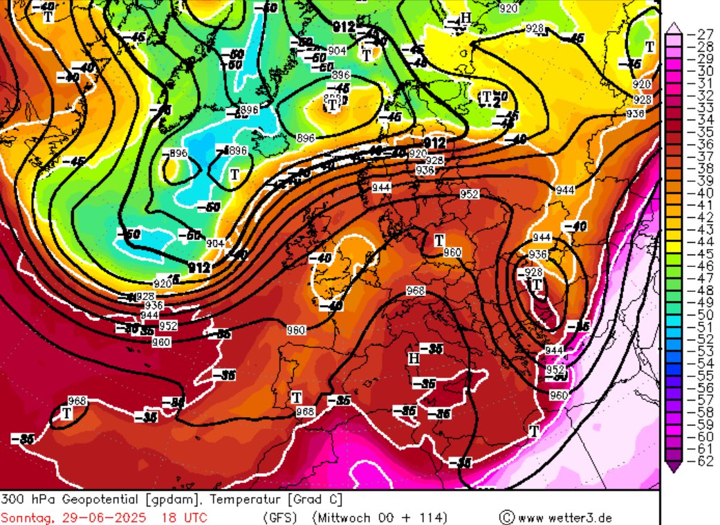 ⚠️Türkiye teknik olarak tipik bir #sıcak hava dalgası yaşıyor. 300 hPa’da jet sürüklenmesi güçlenirken, #Karadeniz üzerinden PV intrüzyonu olasılığı beliriyor — yani atmosfer yeni bir hamleye hazırlanıyor.☔️