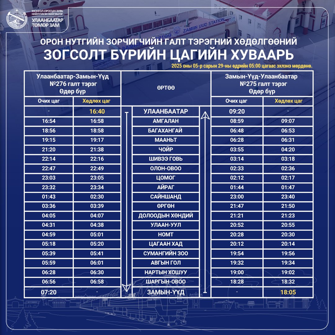 УБ - Замын-Үүд чиглэлийн галт тэрэг өдөр бүр 16:40 цагт, Замын-Үүд-УБ чиглэлийн галт тэрэг өдөр бүр 18:05 цагт явж байна. 
Манайхыг сонгон үйлчлүүлдэг танд баярлалаа. 
Галт тэрэгний тасалбарын үнэд цагаан хэрэглэл, цай, доод мест үнэ зэрэг ороогүй болно.