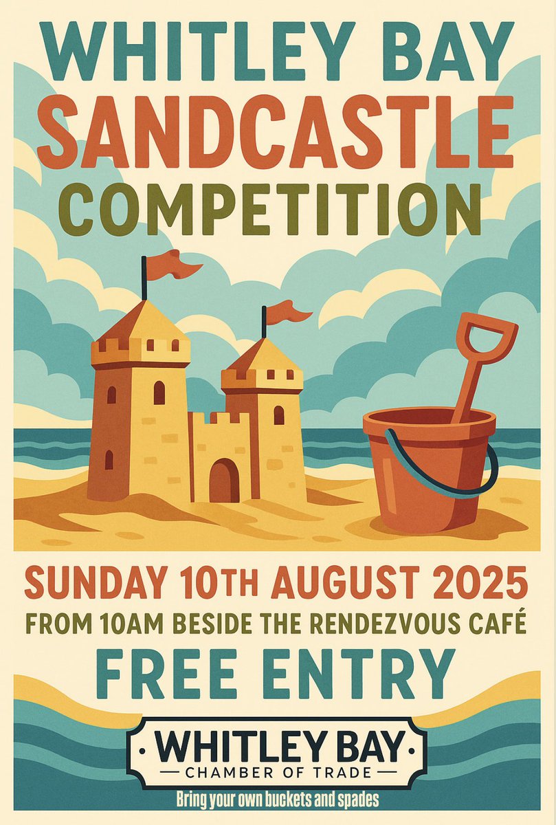 🌊 Location: Whitley Bay Beach
🕘 Time: 10am, judging begins at 1pm.
❤️Prizes for best sandcastle and best sand sculpture. 
👨‍👩‍👧‍👦 Open to families, schools, and solo sculptors. Everyone is welcome!