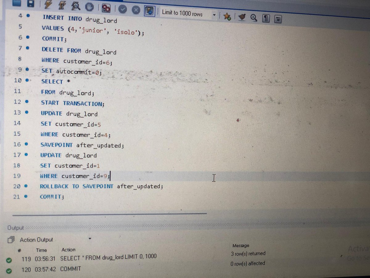 Nickjagger007's tweet photo. Day 10 of my #30DaySQLChallenge
Today I explored SQL Transactions. commands that ensures data integrity in SQL. I learnt about COMMIT,ROLLBACK,SAVEPOINT. Also realised that my SQL workbench was on auto commit. Disabled that with a simple query
SET AUTOCOMMIT= O #Datafam ππ https://t.co/WDnluwyVRV