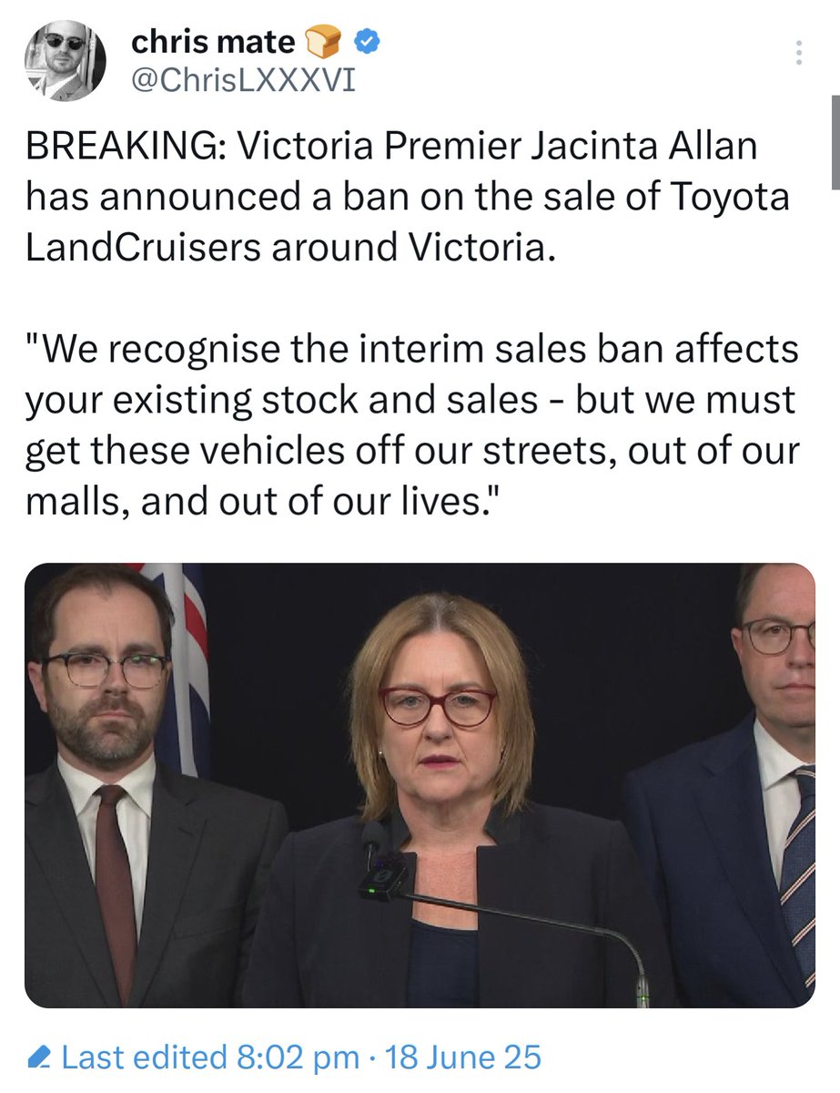 Holly Grayle (@hollygrayle) on Twitter photo Please extend your heart-felt congratulations to <a href="/ChrisLXXXVI/">chris mate ๐</a> for having written a tongue-in-cheek post about <a href="/JacintaAllanMP/">Jacinta Allan</a> banning Toyota LandCruisers (for context, JA decided to ban machetes as a result of some 'Diversity Hackings' in Victoria, and we're waiting with baited Please extend your heart-felt congratulations to <a href="/ChrisLXXXVI/">chris mate ๐</a> for having written a tongue-in-cheek post about <a href="/JacintaAllanMP/">Jacinta Allan</a> banning Toyota LandCruisers (for context, JA decided to ban machetes as a result of some 'Diversity Hackings' in Victoria, and we're waiting with baited