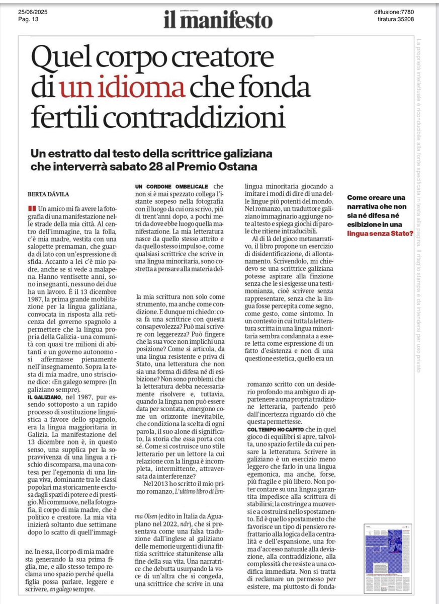 Mañá viaxo a Italia ao festival do "Premio Ostana - Scritture in Lingua Madre". Arredor diso escribin para Il Manifesto sobre as tensións entre a identidade linguistica, a memoria política e as posibilidades da ficción na escrita literaria contemporánea nunha lingua minorizada.✨