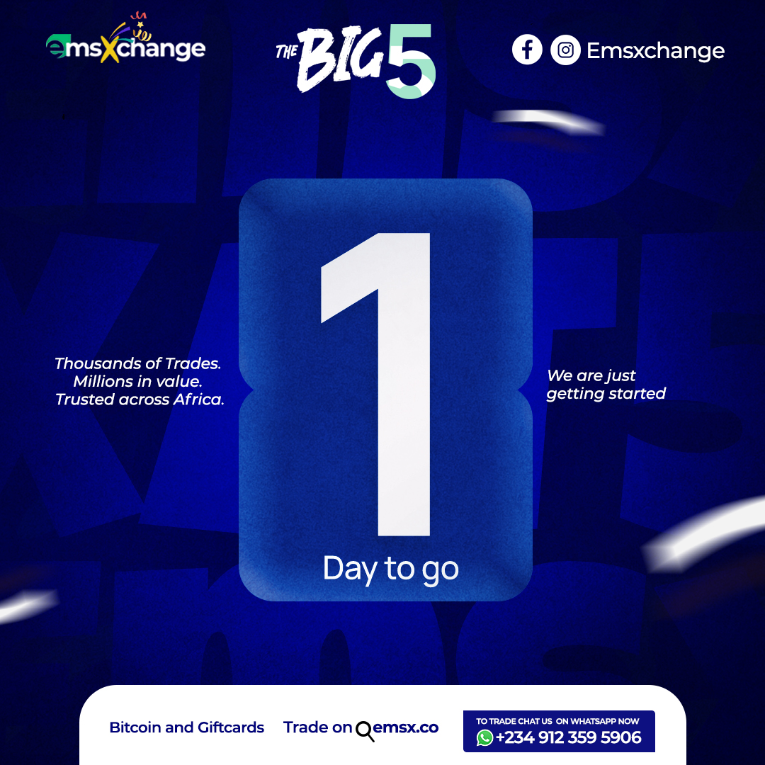 myemsx's tweet photo. It’s TOMORROW! 🎉 EmsXchange turns 5, and the celebration is all about YOU — our biggest
win yet. ❤️
#EmsXat5 #TheBig5 #TradeTheFuture #EmsXTurns5 #CryptoMilestone #5YearsStrong
#GiftCardsToCrypto #EmsXFamily #tradewithemsx https://t.co/9LWabJOxoE