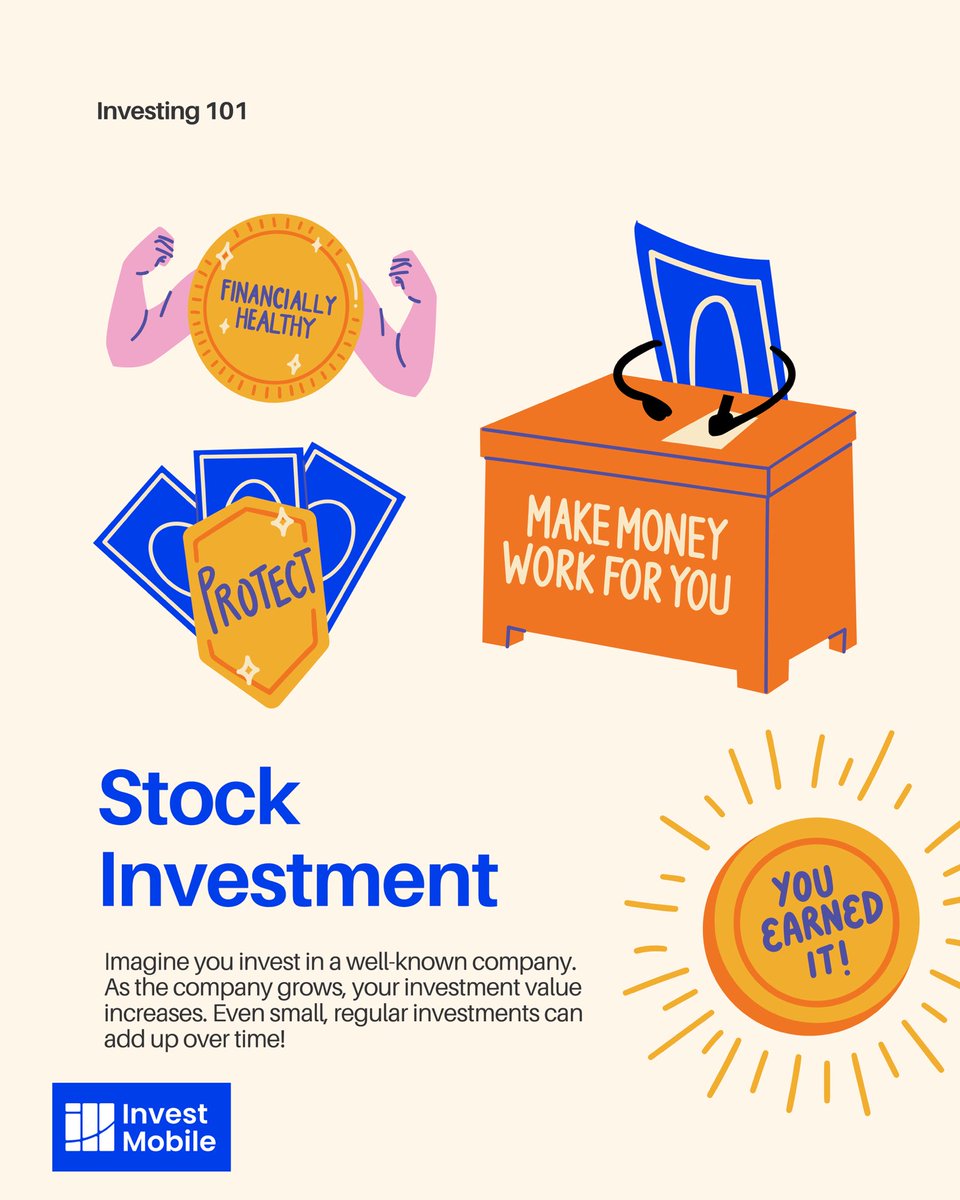 investmobile's tweet photo. Stock investing means you own a small piece of a company. As the company grows, your investment's value can too. Even small, regular investments can add up and make your money work for you.

@investmobile #StockMarket #InvestingForBeginners #Stocks https://t.co/gmNrvdCIHL