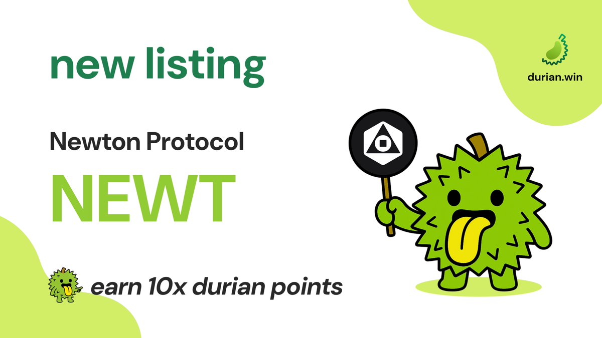 durianwin's tweet photo. Welcome to the world of Newton. Verifiable AI agents automating your life.

$NEWT is now available on the durian app!

⏫listing boost
long/short NEWT perps for sweet 10x durian points at 20x leverage. available for 2 days only.
