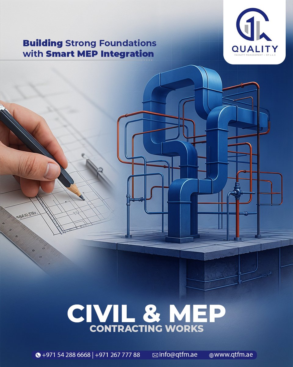 quality_facilit's tweet image. At the core of every successful project lies seamless coordination between civil and MEP works. 

 For More details: 
☎️ +971 26777788  +971 542886668
🌐 qtfm.ae
 ✉️ info@qtfm.ae

#QTFM #QualityFacilityManagement #CivilWorks #MEPContracting #SmartConstruction
