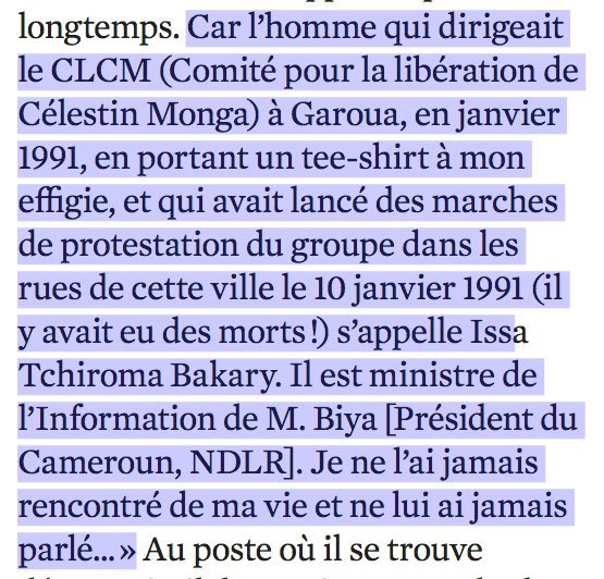 mbeatowe's tweet photo. Le 10 Janvier 1991 Issa Tchiroma Bakary, (actuel ministre démissionnaire de l'Emploi et de la Formation professionnelle de #PaulBiya ) dirige le #CLCM ( Comité pour la libération de @CelestinMonga ) à #Garoua. A la tête de celui-ci il organise une marche de protestation qui se solde par la mort de 3 Camerounais. C’est par ce canal qu’il découvre la politique. 
-
À la mangeoire Biyaïste il oublie le pourquoi il s’était engagé. 
-
Extraits de "Un Bantou à Washington" de Célestin Monga.