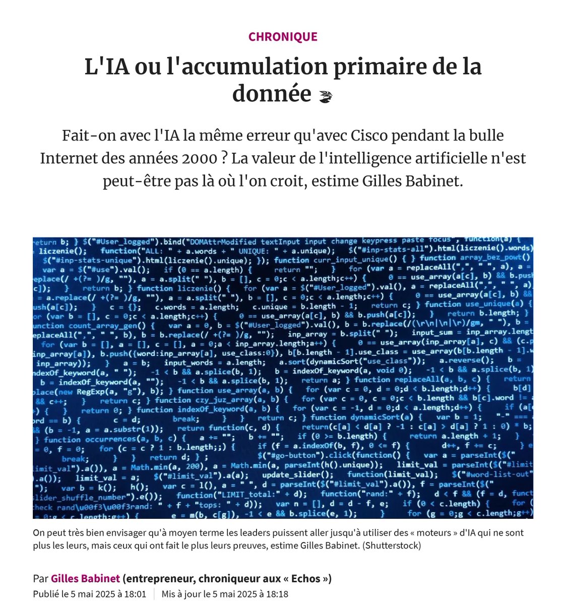 Cabinet SAMMAN (@cabinetsamman) on Twitter photo Dans <a href="/LesEchos/">Les Echos</a>, <a href="/babgi/">Gilles Babinet</a>, Co-Président du <a href="/CNNum/">Conseil national du numérique</a>, rappelle l'importance de l'accès à la donnée pour le développement de l'#IA – enjeu plus déterminant encore que le développement des modèles ou les infrastructures qui sous-tendent leur fonctionnement.
🔗lesechos.fr/idees-debats/e… Dans <a href="/LesEchos/">Les Echos</a>, <a href="/babgi/">Gilles Babinet</a>, Co-Président du <a href="/CNNum/">Conseil national du numérique</a>, rappelle l'importance de l'accès à la donnée pour le développement de l'#IA – enjeu plus déterminant encore que le développement des modèles ou les infrastructures qui sous-tendent leur fonctionnement.
🔗lesechos.fr/idees-debats/e…