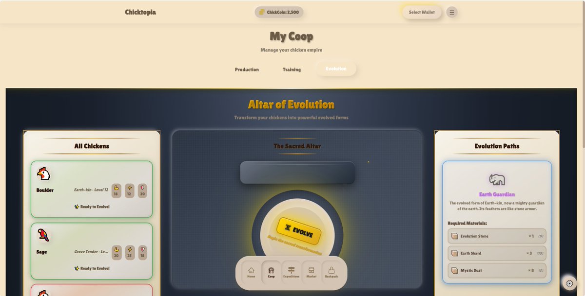 Chicktopia's tweet photo. Eight days into the Chicktopia Alpha... and I'm pushing out the first huge content drop!🐣

The Coop is now fully operational with the launch of the Training & Evolution V1 systems! I've been grinding hard so you can finally train your chicks to their full potential and witness them transform into legendary new forms. ✨

Next target: Market or Expeditions?  Maybe Market i will starting work on the Market (v1), a place where all your hard work training and breeding actually pays off by giving you a place to sell your chickens, eggs, and loot

Stay tuned Next Update. Always building. ⚔️