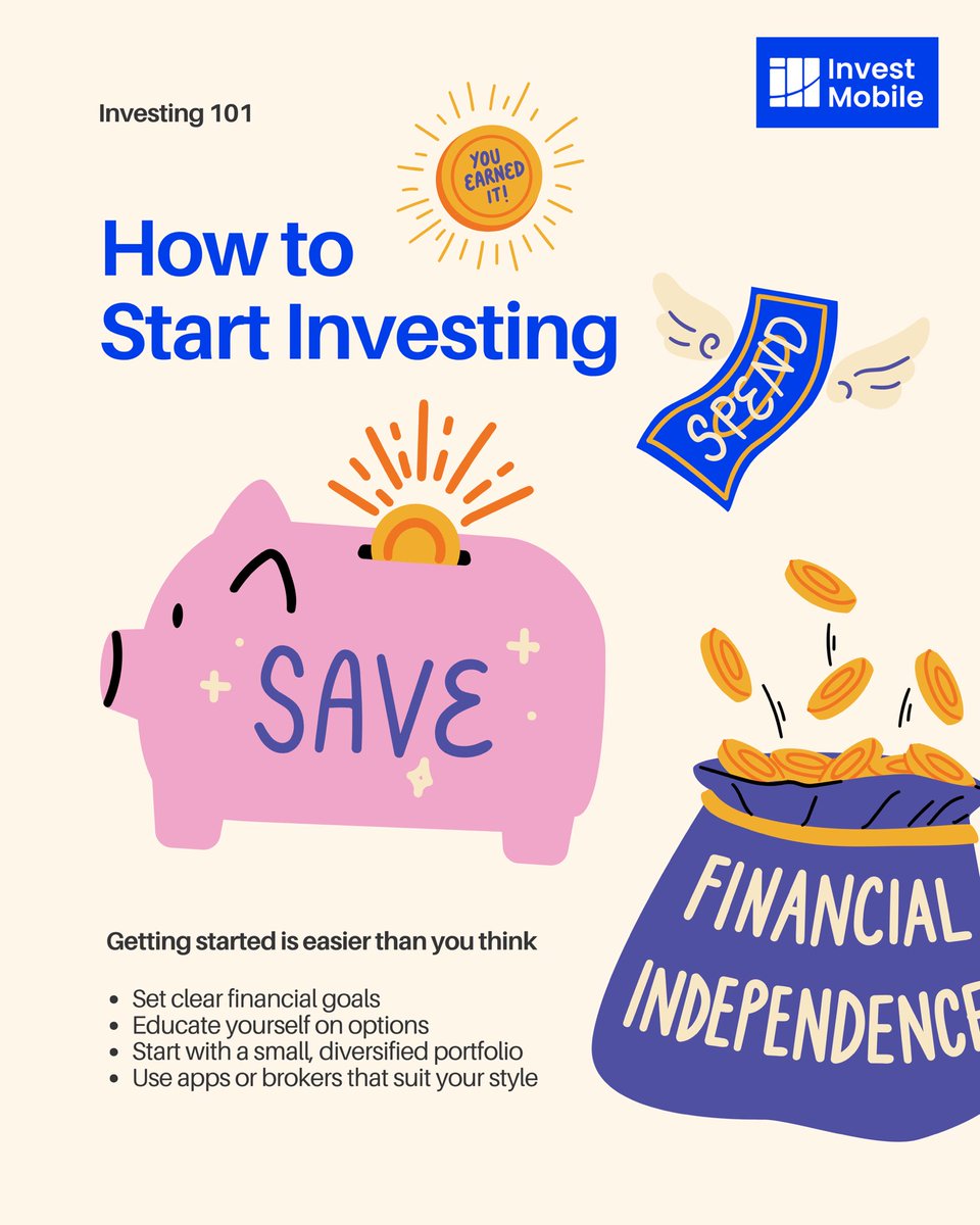 investmobile's tweet photo. Ready to invest? It's simpler than you think:
•Set clear financial goals.
•Educate yourself on your options.
•Start with a small, diversified portfolio.
•Use apps that fit your style.
@investmobile #HowToInvest #FinancialIndependence #GetStarted https://t.co/uH0XSHUNzs