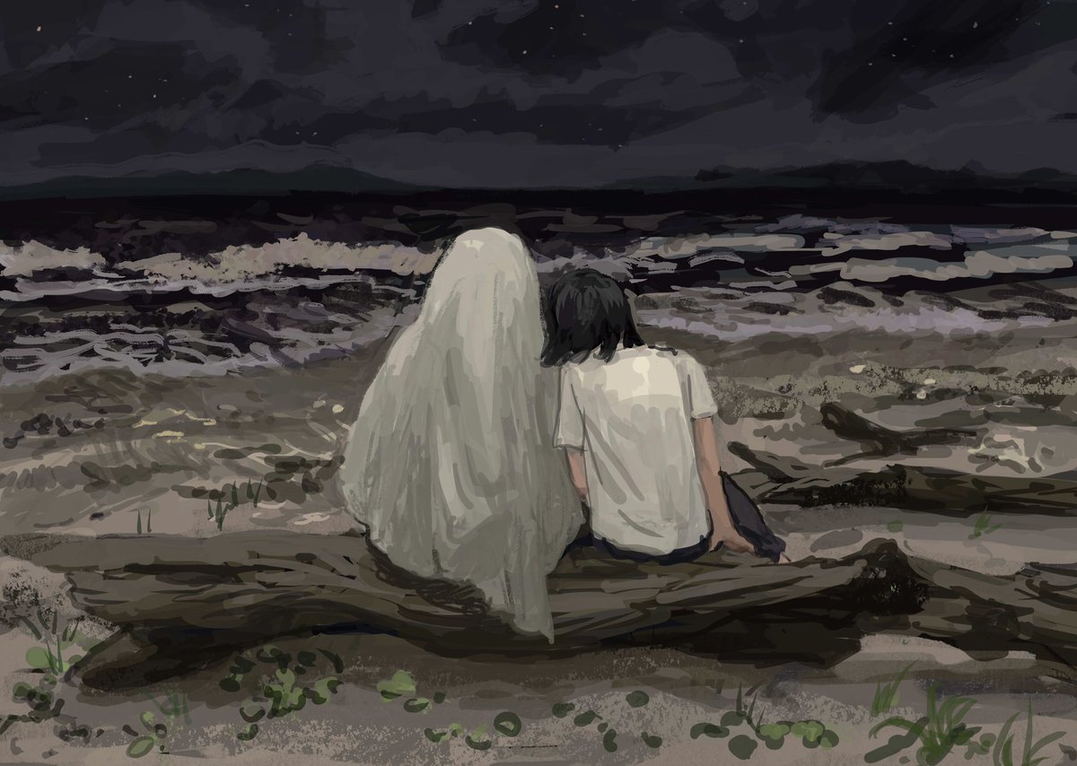 manuhamu's tweet photo. 草森ゆきさんが私のおばけの絵をもとに書いてくれた作品「少女とおばけ、それからの春」を読んでさらに私が作中をイメージして描いた絵です。もう、4年前…！！ https://t.co/BfOLZyralj