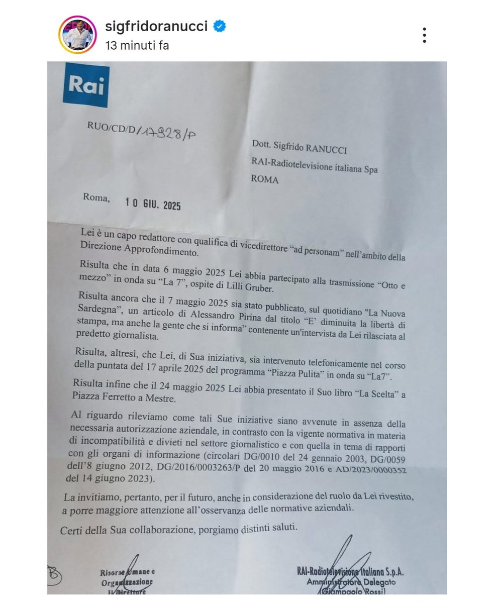 Il bavaglio oggi arriva su carta intestata del servizio pubblico.
Solidarietà a <a href="/SigfridoRanucci/">Sigfrido Ranucci</a> e alla redazione di <a href="/reportrai3/">Report</a>. #matrice
