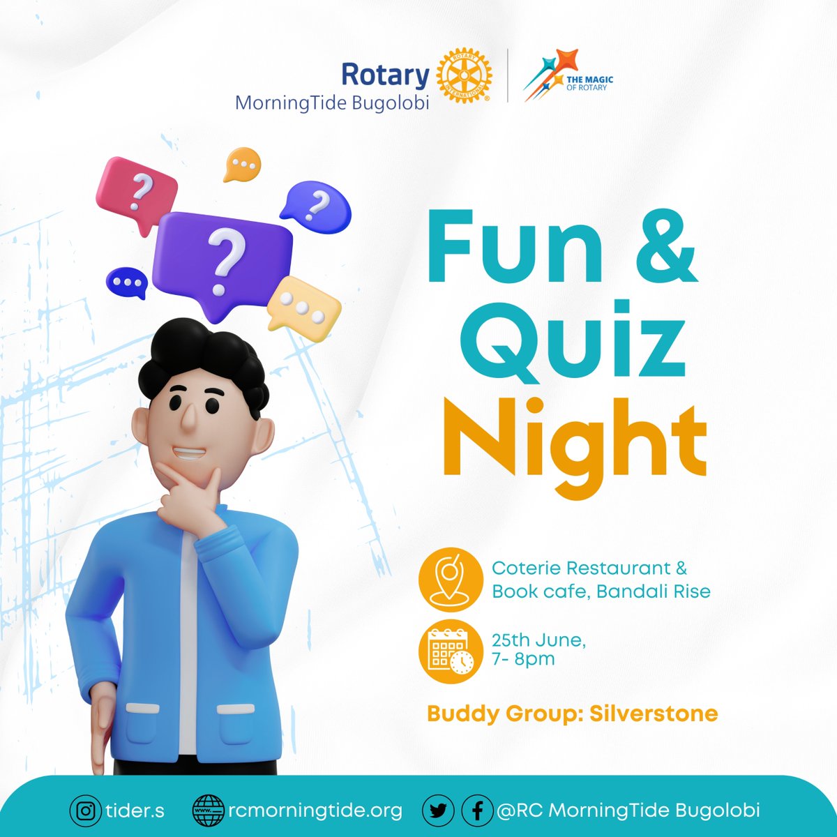 #Tiders (@rcmorningtide) on Twitter photo Wind down the Magical year with us(<a href="/RcMorningTide/">#Tiders</a>) @ this Quiz Night <a href="/CoterieBookCafe/">The Coterie Book Cafe</a>, 25th/06/'25, 7pm <a href="/easy_ivan/">Ivan Mutibwa</a> <a href="/EClubNaguru/">Rotary E-Club (Naguru)</a> <a href="/RKitante/">Rotary Club of Kitante</a> <a href="/amavaworld/">iamanya</a> <a href="/RotaryKlaCity/">Rotary Club of Kampala City</a> <a href="/RCKSI/">Rotary Club of Kampala Ssese Islands</a> <a href="/RCKla7Hills/">Rotary Club of Kampala 7 Hills</a> <a href="/RCkasangati/">Rotary Club of Kasangati</a> <a href="/RCUpperKololo/">Rotary Club of Upper Kololo</a> <a href="/RCTankhill/">Rotary Club of Muyenga Tankhill</a> <a href="/rcbnuganda/">Rotary Club of Bweyogerere Namboole</a> <a href="/KampalaMetro/">Rotary Kampala Metropolitan-D9213</a> <a href="/RotaryKlaCity/">Rotary Club of Kampala City</a> <a href="/Rotary_Bukoto/">Rotary Club of Bukoto</a> Wind down the Magical year with us(<a href="/RcMorningTide/">#Tiders</a>) @ this Quiz Night <a href="/CoterieBookCafe/">The Coterie Book Cafe</a>, 25th/06/'25, 7pm <a href="/easy_ivan/">Ivan Mutibwa</a> <a href="/EClubNaguru/">Rotary E-Club (Naguru)</a> <a href="/RKitante/">Rotary Club of Kitante</a> <a href="/amavaworld/">iamanya</a> <a href="/RotaryKlaCity/">Rotary Club of Kampala City</a> <a href="/RCKSI/">Rotary Club of Kampala Ssese Islands</a> <a href="/RCKla7Hills/">Rotary Club of Kampala 7 Hills</a> <a href="/RCkasangati/">Rotary Club of Kasangati</a> <a href="/RCUpperKololo/">Rotary Club of Upper Kololo</a> <a href="/RCTankhill/">Rotary Club of Muyenga Tankhill</a> <a href="/rcbnuganda/">Rotary Club of Bweyogerere Namboole</a> <a href="/KampalaMetro/">Rotary Kampala Metropolitan-D9213</a> <a href="/RotaryKlaCity/">Rotary Club of Kampala City</a> <a href="/Rotary_Bukoto/">Rotary Club of Bukoto</a>