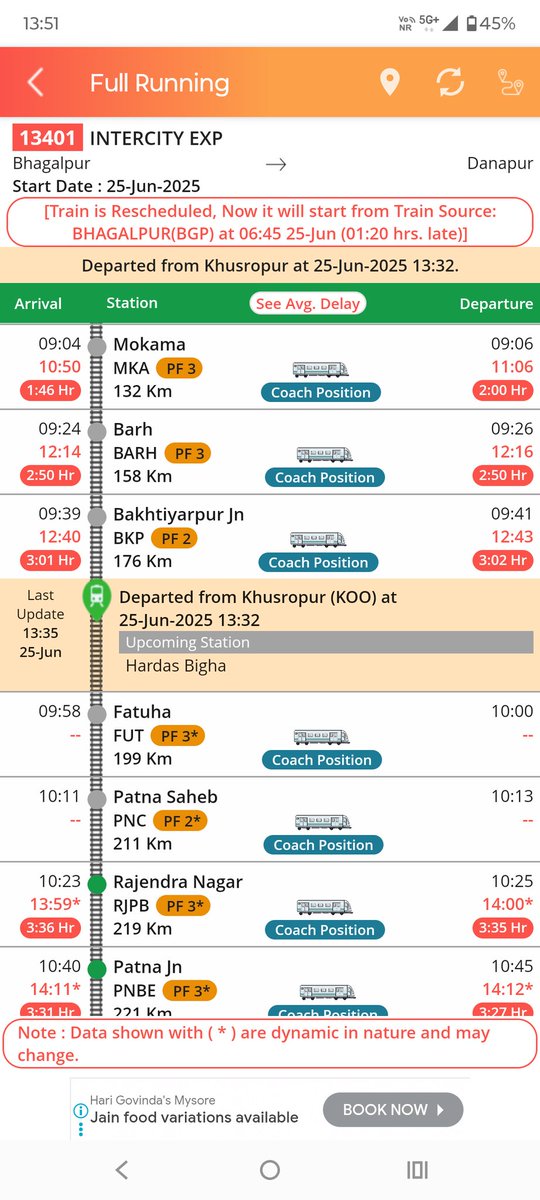 aditya953146's tweet image. @RailMinIndia @RailwaySeva Train No. 13401 #IndianRailway. की स्थिति यह हो गई है कि, 221 Km जाने में 9 घण्टे से भी ज्यादा समय लगता हैं। कितनी शर्म की बात हैं।
 और हमलोग #BuletTrain और #HyperloopTrain की सोचते हैं। पहले से जो #ट्रेन चल रही हैं, उसे ही समय पर चलाने का सोचना चाहिए।