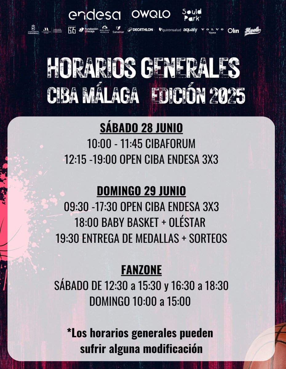 CIBA Málaga (@cibamalaga) on Twitter photo 📣 ¡𝑰𝑵𝑭𝑶𝑹𝑴𝑨𝑪𝑰𝑶́𝑵 𝑰𝑴𝑷𝑶𝑹𝑻𝑨𝑵𝑻𝑬.ᐟ
Estos son los horarios oficiales del #CIBA2025 (pueden sufrir alguna modificación en el transcurso del evento).
➡️ <a href="/bernirodriguez5/">Berni Rodríguez</a> I @jmcalderon I @23asanchez
#CIBAMalaga #CIBA #Baloncesto #Fuengirola 📣 ¡𝑰𝑵𝑭𝑶𝑹𝑴𝑨𝑪𝑰𝑶́𝑵 𝑰𝑴𝑷𝑶𝑹𝑻𝑨𝑵𝑻𝑬.ᐟ
Estos son los horarios oficiales del #CIBA2025 (pueden sufrir alguna modificación en el transcurso del evento).
➡️ <a href="/bernirodriguez5/">Berni Rodríguez</a> I @jmcalderon I @23asanchez
#CIBAMalaga #CIBA #Baloncesto #Fuengirola