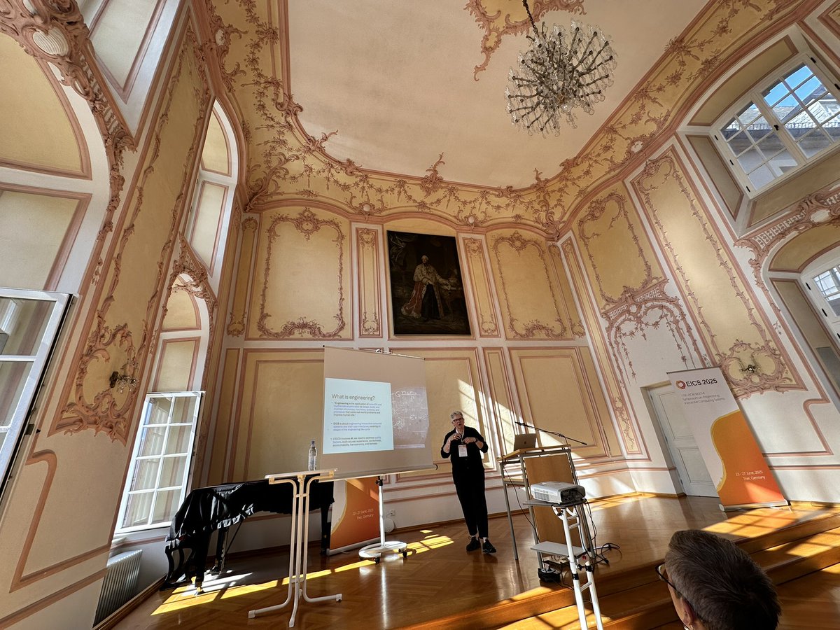 albrechtschmidt's tweet image. Simone Stumpf presenting the opening keynote on “Engineering responsible AI” at ACM EICS2025 - in an absolutely beautiful setting in Trier. She argues that we need methods along the entire lived cycle and systematically adapt engineering methods. eics.acm.org/2025/