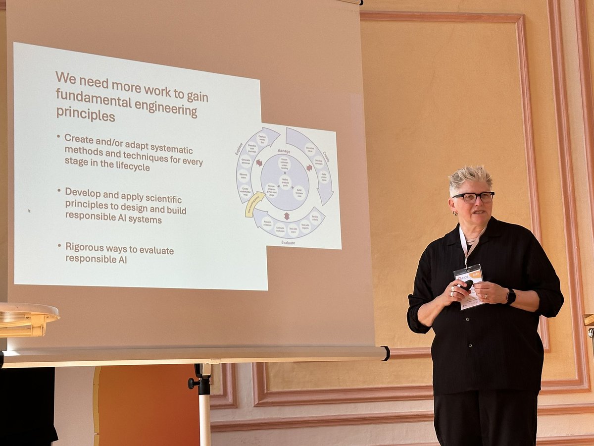 albrechtschmidt's tweet image. Simone Stumpf presenting the opening keynote on “Engineering responsible AI” at ACM EICS2025 - in an absolutely beautiful setting in Trier. She argues that we need methods along the entire lived cycle and systematically adapt engineering methods. eics.acm.org/2025/