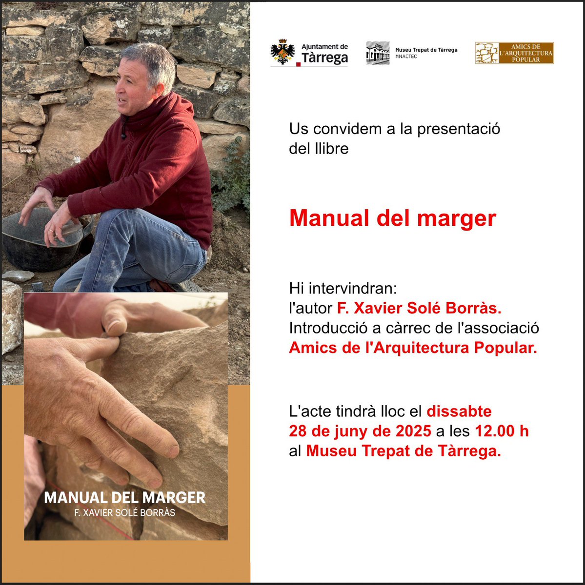 📣 El <a href="/MuseuTrepat/">Museu Trepat</a> de #Tàrrega acull la presentació del llibre 'MANUAL DEL MARGER' amb l’autor Francesc Xavier Solé Borràs

💥 Descobriu aquest nou treball de recerca etnològica sobre les construccions de pedra seca

🗓️ Dissabte 28 de juny (12 h). Tothom hi és convidat!