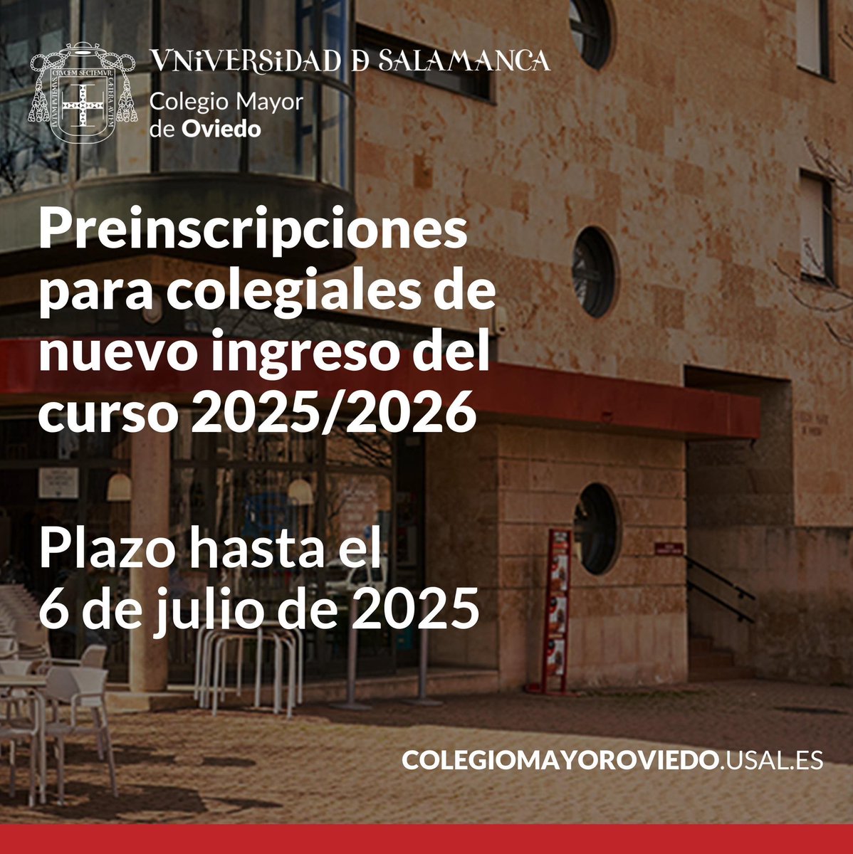 Colegio Mayor de Oviedo (@cm_oviedo) on Twitter photo 🏠 ¿Vas a estudiar en Salamanca? ¿Buscas un lugar en el que vivir e integrarte con otros estudiantes? 🫂
🎊 ¡Podemos acogerte en el Colegio Mayor de Oviedo de la <a href="/usal/">Universidad de Salamanca</a>! 🎉
🗓️ Preinscríbete antes del 6 de julio.
ℹ️ Más información: colegiomayoroviedo.usal.es/admisiones/
‼️ ¡Vive en el Oviedo! ‼️ 🏠 ¿Vas a estudiar en Salamanca? ¿Buscas un lugar en el que vivir e integrarte con otros estudiantes? 🫂
🎊 ¡Podemos acogerte en el Colegio Mayor de Oviedo de la <a href="/usal/">Universidad de Salamanca</a>! 🎉
🗓️ Preinscríbete antes del 6 de julio.
ℹ️ Más información: colegiomayoroviedo.usal.es/admisiones/
‼️ ¡Vive en el Oviedo! ‼️