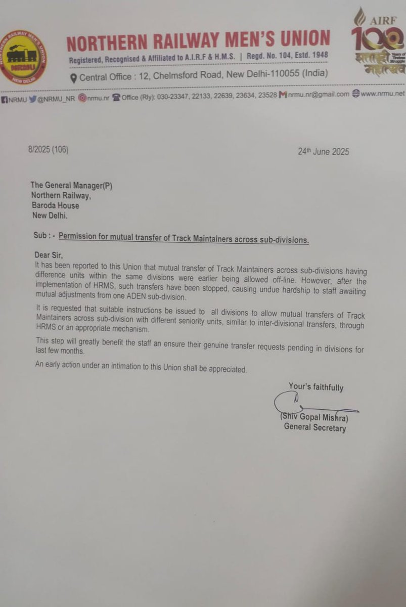 LkoDivisionNRMU's tweet photo. NRMU letter to GM NR regards permission for mutual transfer of Track Maintainers
#RailwayNews #AIRF #CentralGovernment #GovernmentNews #indianrailways #tradeunions #NRMU #employees #union #trackmaintainer https://t.co/1U0VvFthcI