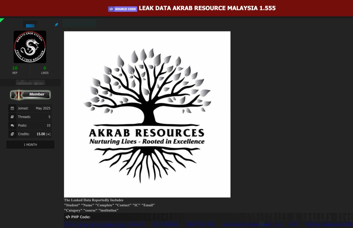 Alleged Data Leak at AKRAB Resource Malaysia Exposes Sensitive Student Information dailydarkweb.net/alleged-data-l…