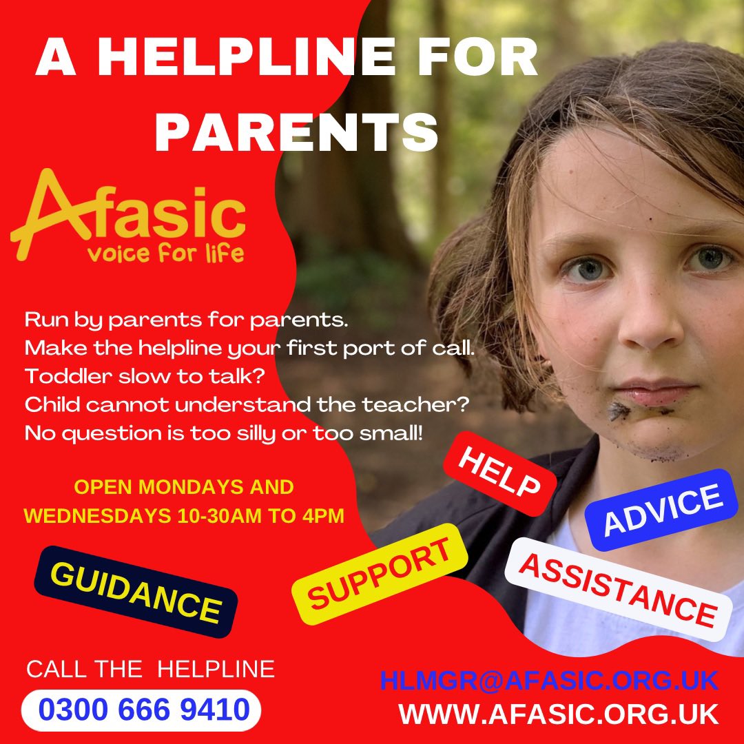 Afasic's tweet image. The Afasic helpline is open Mondays & Wednesdays 10.30am till 4.00pm to discuss difficulties your child may have with speech & language. 📞 0300 666 9410
afasic.org.uk
📧 Info@afasic.org.uk
afasic.org.uk/the-afasic-hel…