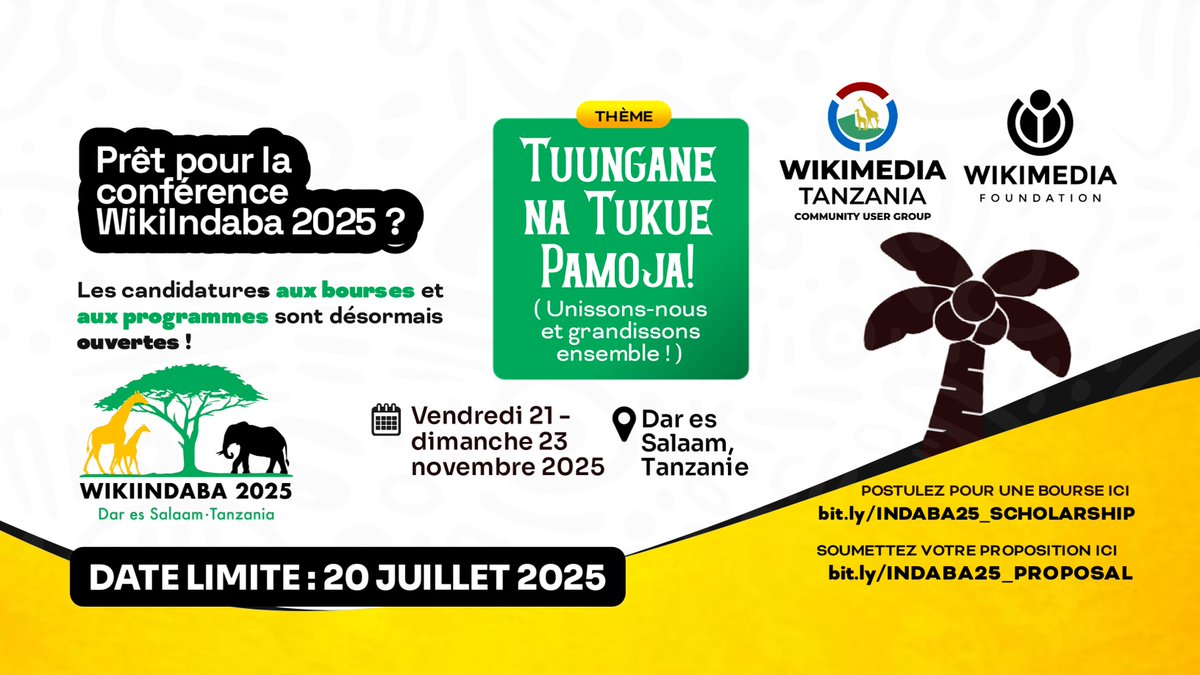 Appel à tous les Wikimédien(ne).s africains, en Afrique et dans la diaspora, pour soumettre leurs candidatures de bourses et leurs propositions de programmes. 
Soumettez votre proposition ici: bit.ly/INDABA25_PROPO…
Postulez pour une bourse ici: bit.ly/INDABA25_SCHOL…
#afrique