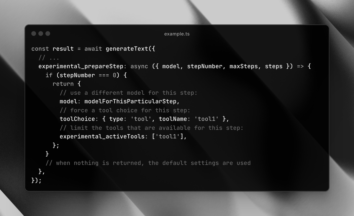 pontusab's tweet photo. I'm so excited about the AI SDK 5 beta:

- prepareStep - fine-grained control over each step in a multi-step agent
- stopWhen - define stopping conditions for your agent
- Tool Output Schema https://t.co/vSrUaGl8YC