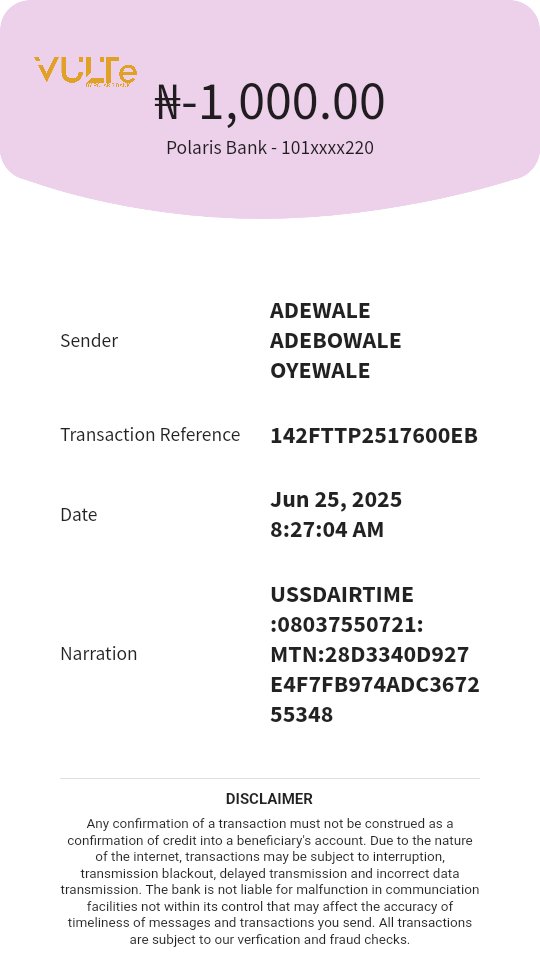 Adébòwálé Oyèwálé Adéwálé (@aoadewale) on Twitter photo To: <a href="/PolarisBankLtd/">Polaris Bank Ltd.</a>
Cc: <a href="/MTN180/">MTN Nigeria Support</a>
Cc: <a href="/MTNNG/">MTN Nigeria</a>
Cc: <a href="/fccpcnigeria/">FCCPC Nigeria</a>
Cc: <a href="/NgComCommission/">ncc.gov.ng</a>
Transaction Receipt.
I purchased another NGN 1,000.00 MTN Airtime via VULTe Online Banking now and I'm yet to be credited.
What are the issues with your network?
Is your service no longer active? To: <a href="/PolarisBankLtd/">Polaris Bank Ltd.</a>
Cc: <a href="/MTN180/">MTN Nigeria Support</a>
Cc: <a href="/MTNNG/">MTN Nigeria</a>
Cc: <a href="/fccpcnigeria/">FCCPC Nigeria</a>
Cc: <a href="/NgComCommission/">ncc.gov.ng</a>
Transaction Receipt.
I purchased another NGN 1,000.00 MTN Airtime via VULTe Online Banking now and I'm yet to be credited.
What are the issues with your network?
Is your service no longer active?