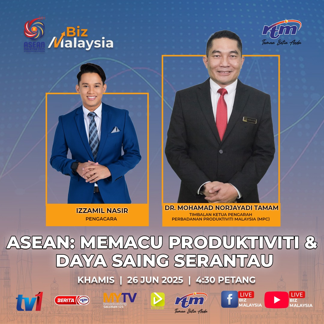 Malaysia Productivity Corporation (@mpcproductivity) on Twitter photo Ikuti temu bual eksklusif bersama Dr. Mohamad Norjayadi Tamam, Timbalan Ketua Pengarah MPC, dalam rancangan Biz Malaysia bertajuk "ASEAN: Memacu Produktiviti & Daya Saing Serantau".
Tarikh: Khamis, 26 Jun 2025
Masa: 4:30 petang
<a href="/MITIMalaysia/">MITI Malaysia</a>
#Produktiviti #ASEAN Ikuti temu bual eksklusif bersama Dr. Mohamad Norjayadi Tamam, Timbalan Ketua Pengarah MPC, dalam rancangan Biz Malaysia bertajuk "ASEAN: Memacu Produktiviti & Daya Saing Serantau".
Tarikh: Khamis, 26 Jun 2025
Masa: 4:30 petang
<a href="/MITIMalaysia/">MITI Malaysia</a>
#Produktiviti #ASEAN