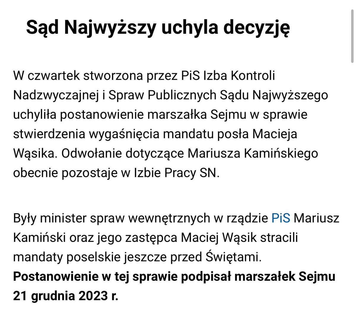 Skoro Marszałek Sejmu nie uznawał Izby Nadzwyczajnej SN na początku kadencji i nie dopuścił do głosowań posła M. Wąsika, to dlaczego teraz zamierza uznać jej orzeczenie w sprawie ważności wyborów? Przecież tym samym potwierdza, że wówczas naruszył prawo.