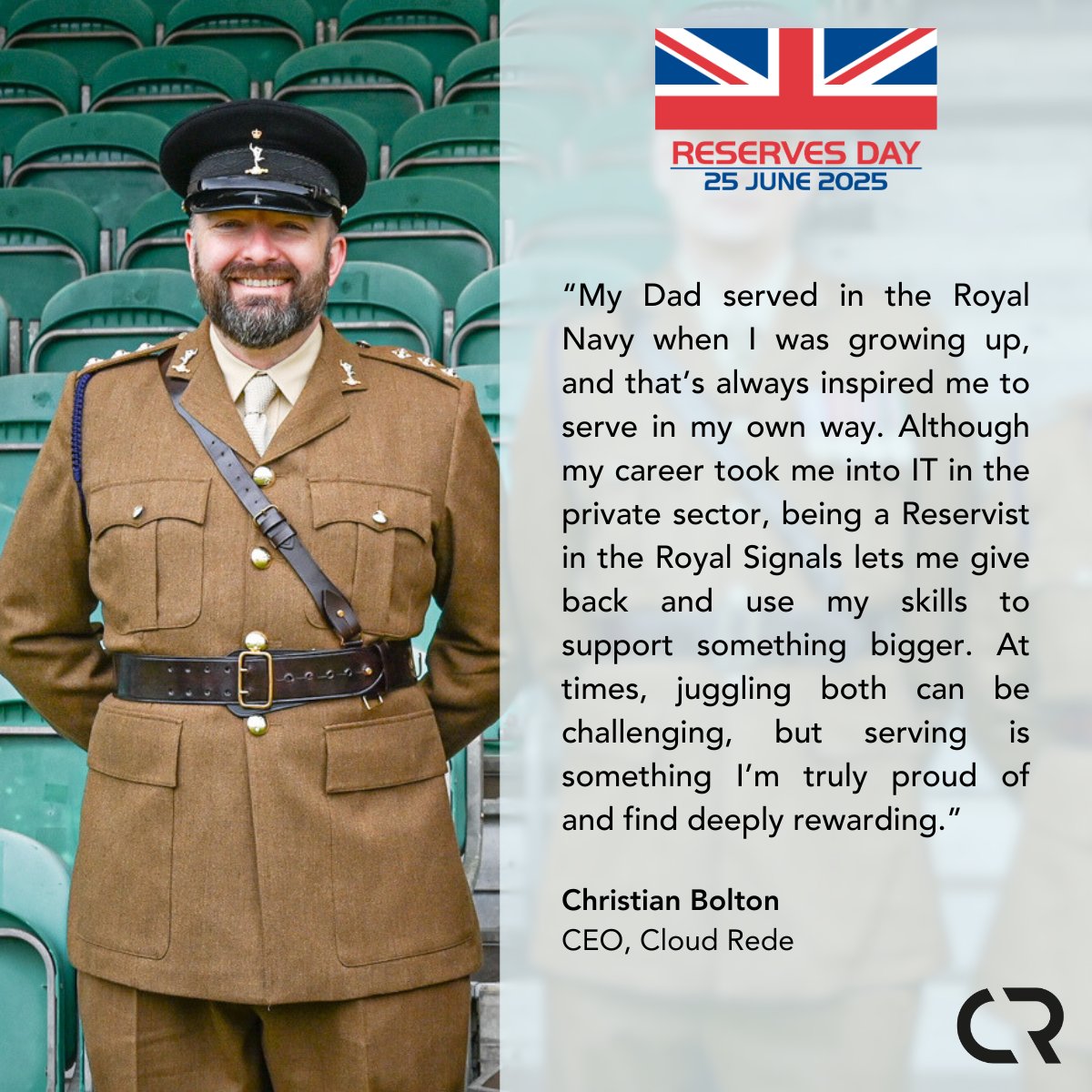 What makes a CEO serve in the Royal Signals Reserves? This #ReservesDay, we’re proud of our CEO <a href="/christianbolton/">christianbolton</a>, one of thousands balancing day jobs with service. Their skills and dedication bring so much back into the workplace. #SaluteOurForces 👇