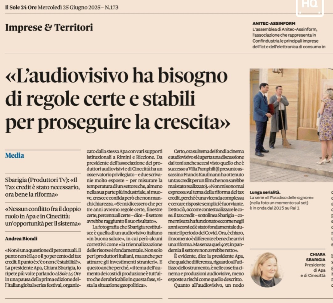 Andrea Biondi (@an_bion) on Twitter photo L'andamento del settore #audiovisivo; la necessità per i produttori di ristabilire alcuni punti di discussione con i committenti (#TV e #Ott); il bailamme sul tax credit; il doppio ruolo in #Apa e #Cinecittà. L'intervista a <a href="/ChiaraSbarigia/">Chiara Sbarigia</a> sul <a href="/sole24ore/">IlSole24ORE</a> in #edicola #media L'andamento del settore #audiovisivo; la necessità per i produttori di ristabilire alcuni punti di discussione con i committenti (#TV e #Ott); il bailamme sul tax credit; il doppio ruolo in #Apa e #Cinecittà. L'intervista a <a href="/ChiaraSbarigia/">Chiara Sbarigia</a> sul <a href="/sole24ore/">IlSole24ORE</a> in #edicola #media