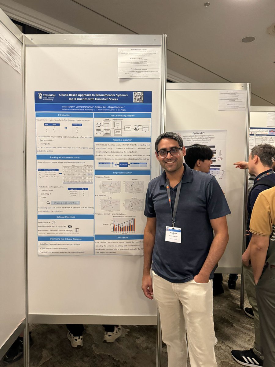avigalgal's tweet photo. The great moment has arrived: "A Rank-Based Approach to Recommender System's #TopK Queries with Uncertain Scores", (Coral Scharf, @avigalgal , Haggai Roitman, and Carmel Domshlak) was presented in #SIGMOD 2025. Thanks @shraga_roee for talking to so many interested researchers. https://t.co/uh7akzEa0U