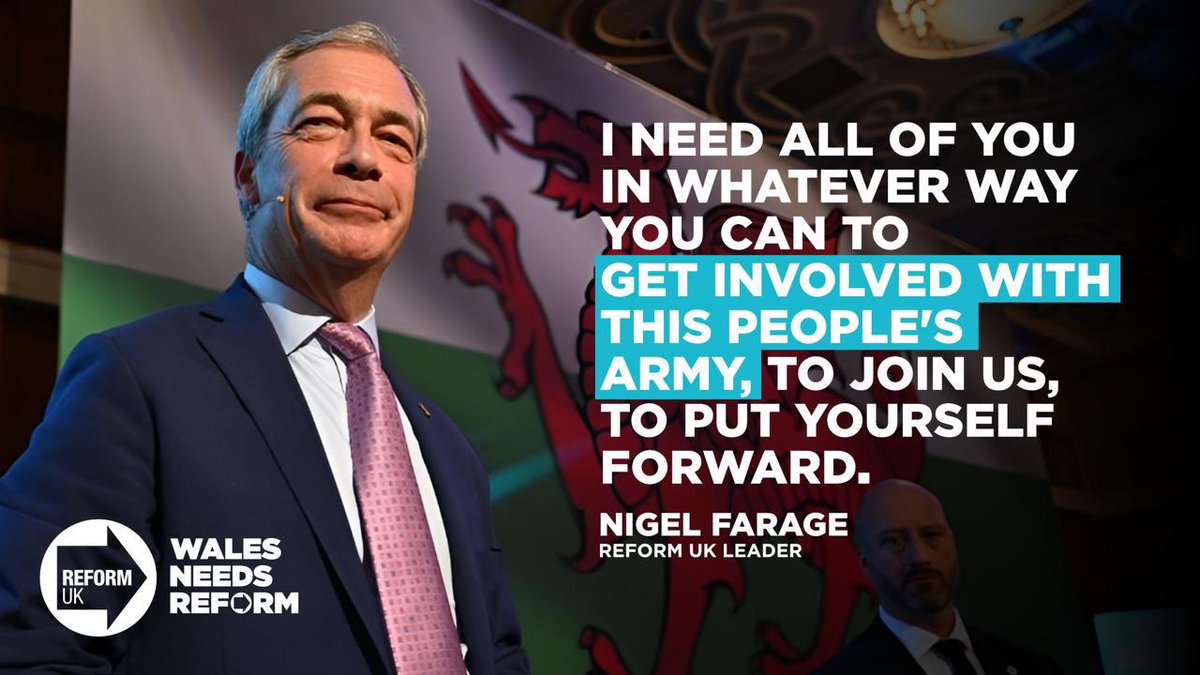 RUKWales's tweet photo. The time for talk is over. Nigel Farage is leading the charge — now we need YOU.

The Cardiff Bay establishment is in panic mode. They know Reform UK stands for the people they’ve ignored for decades.

Join us today: 🔗 https://t.co/OAEABXqMrq https://t.co/V6fhTaKLeH