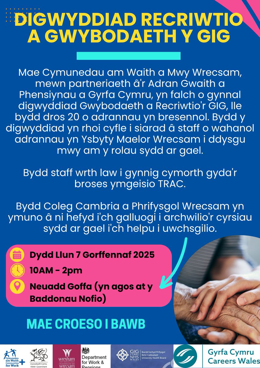 CAWWrecsam's tweet photo. Digwyddiad Recriwtio'r GIG – Wrecsam
Dydd Llun 7 Gorff | 10AM–2PM
Neuadd Goffa (ger y Pwll Nofio)
20+ o adrannau'r GIG | Rolau clinigol ac anghlinigol
Gwybodaeth am gyrsiau + cymorth i wneud cais
Bwrdd i’r plant yn y safle
#Wrecsam #NHSCareers #Swyddi https://t.co/eNjYdTHtda