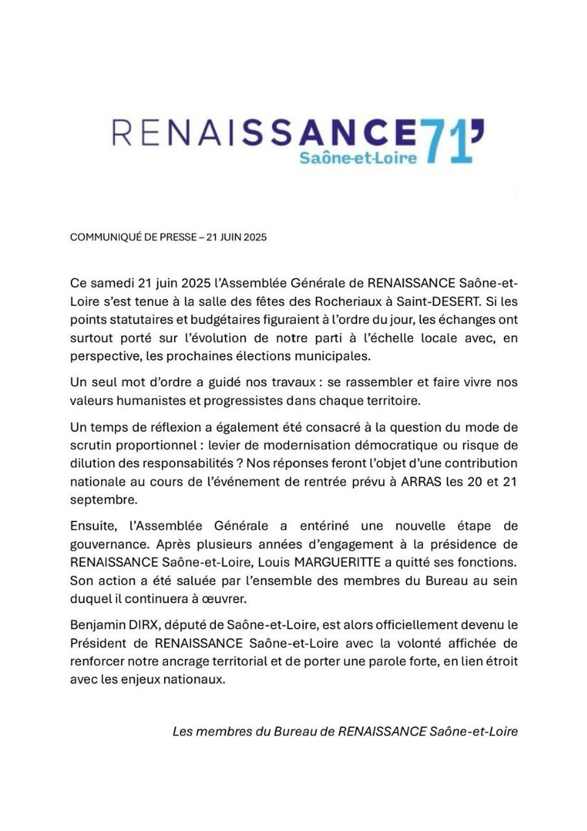 renaissance_71's tweet image. Félicitations à @BenjaminDirx pour son élection comme Président @renaissance Saône-et-Loire ! 👏

Un très grand merci à @louis_margueritte pour tout le travail mené. 

Ensemble, nous ferons de l’ancrage local et de nos valeurs humanistes notre boussole pour notre territoire.