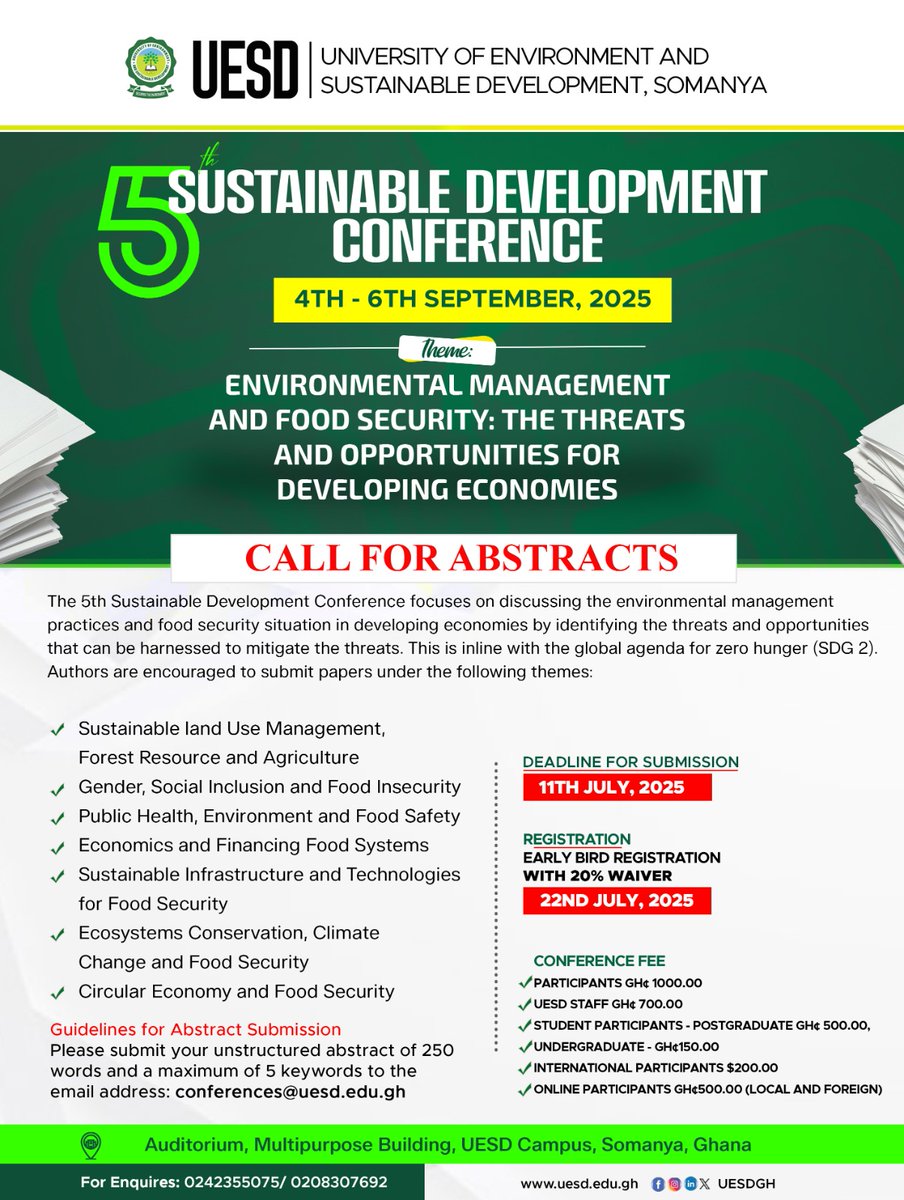 Frank Kyei-Arthur (@fkyeiarthur) on Twitter photo It is our pleasure to invite you to the 5th Sustainable Development Conference at the University of Environment and Sustainability Development in Somanya.
We eagerly await your abstract submissions and look forward to engaging discussions.
<a href="/uesdgh/">Uni. of Environment and Sustainable Development.</a> It is our pleasure to invite you to the 5th Sustainable Development Conference at the University of Environment and Sustainability Development in Somanya.
We eagerly await your abstract submissions and look forward to engaging discussions.
<a href="/uesdgh/">Uni. of Environment and Sustainable Development.</a>