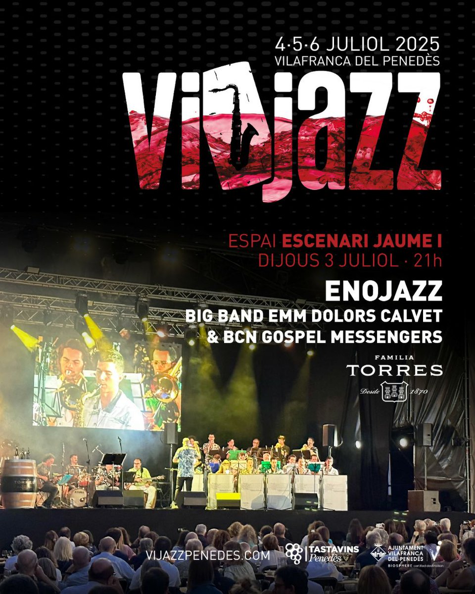 vijazzpenedes's tweet photo. L’Enojazz és la unió del vi i el jazz. Una selecció de vins de @familiatorres  es mariden amb un repertori musical escollit per l’@EMMVilafranca.

L’escola participa al #Vijazz25 amb les seves dues Big Bands i els BCN Gospel Messengers, que interpretaran temes dels anys 70. https://t.co/fHUAaRAfQ4