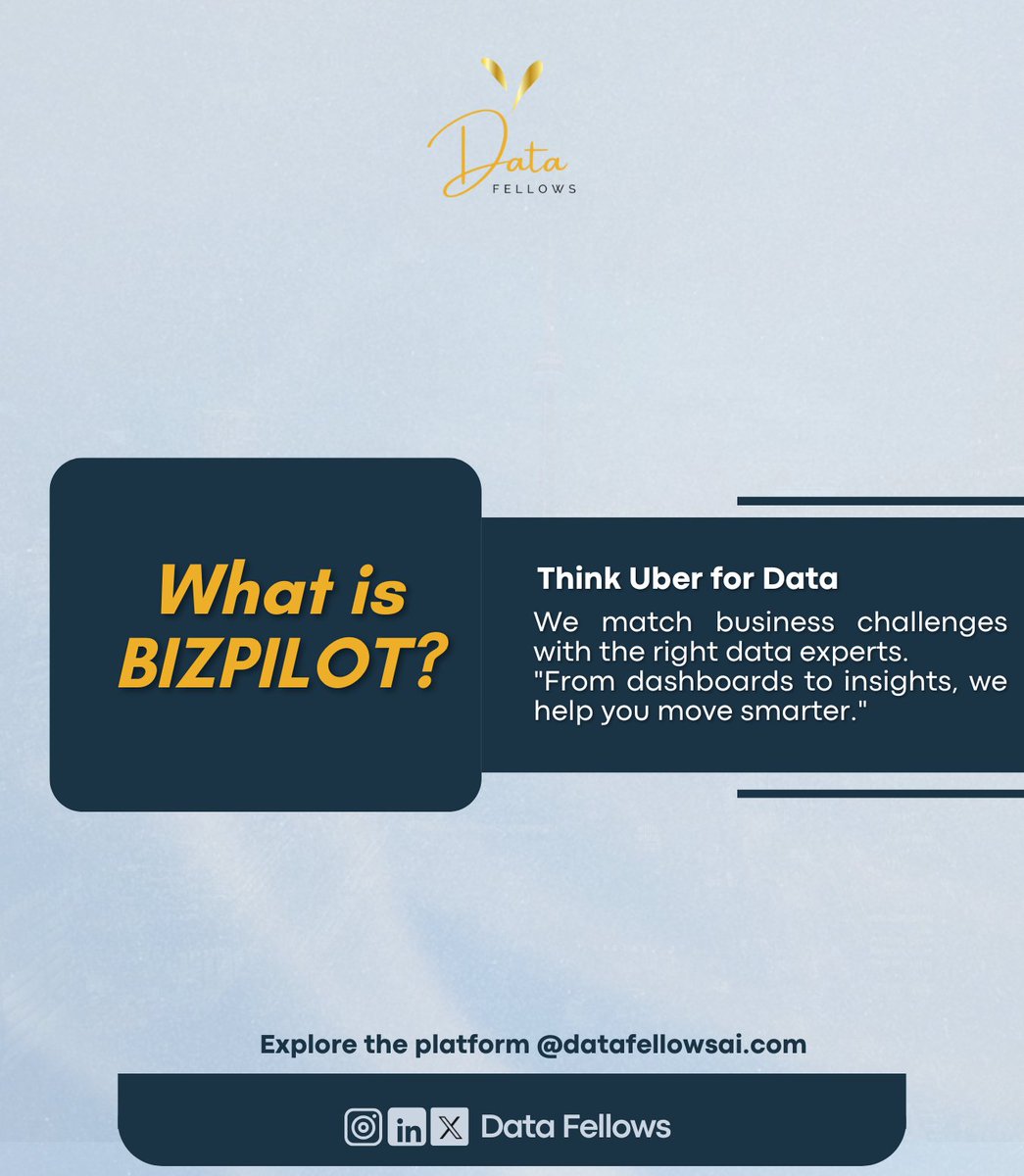 DatafellowsInfo's tweet image. What is #BizPilot? Think Uber for Data.

We connect business challenges to the right data experts – fast.
Dashboards? ✅
Growth insights? ✅
Smarter decisions? ✅

Built by Data Fellows to help you win with data 💼
Explore: datafellowsai.com

--
#bizpilot #HireSmart #SMEs